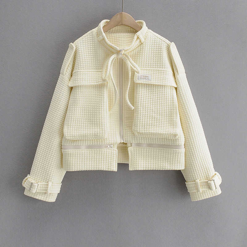 DEAT Autumn Winter Women Fashion Stand Collar Long Sleeve Large Pocket Decoration Plaid Pattern Casual Coat RD747 210709