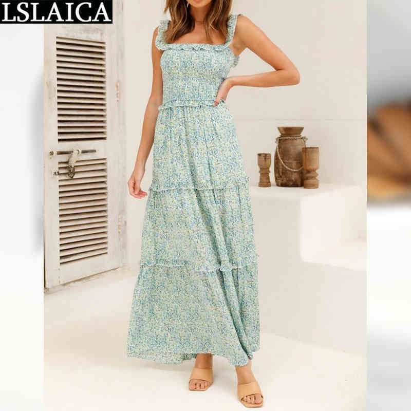 Wholesale Woman Dress Floral Print Fresh and Sweet Wrapped Breast Dresses for Women Holiday Beach Slash Neck Vestido De Mujer 210515