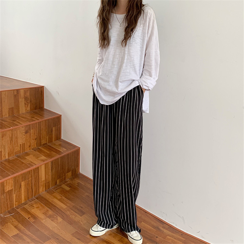Minimalist Wide Leg Pants Women Bottoms Autumn Spring Stylish Office Lady High Waist Straight Striped Female 210421