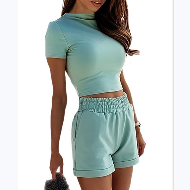 Summer Womens Set Fashion High Neck Short Sleeve Slim Crop Top Shorts Loose Solid Color Gym Sport Suit Shein Plus Size Women's Tracksuits