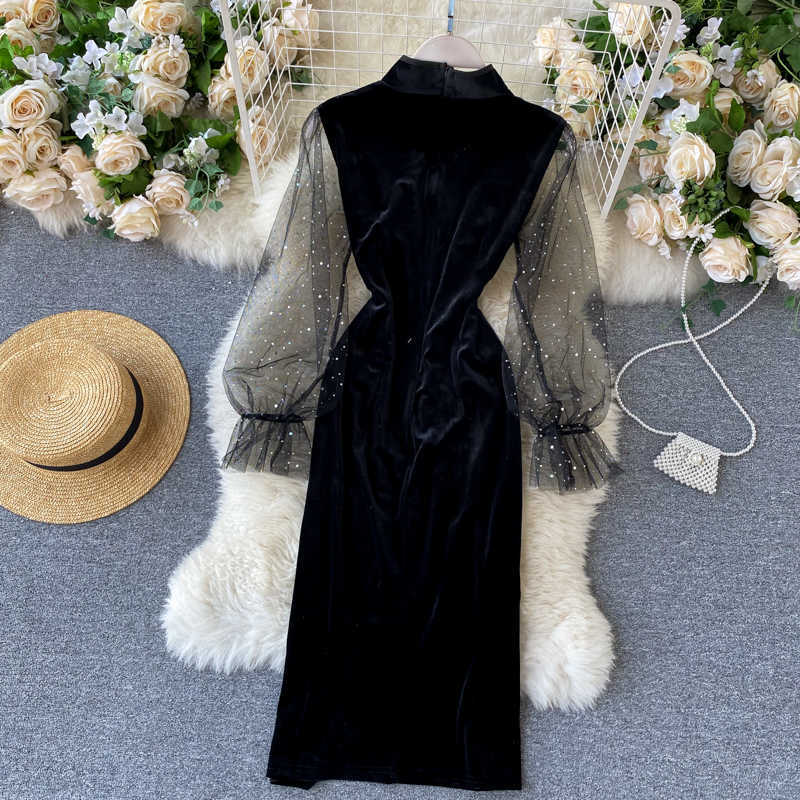 Lady Fashion Retro Velvet Cheongsam Improved Dress Women Autumn and Winter Mesh Long Sleeve Elegant Vestidos P879 210527