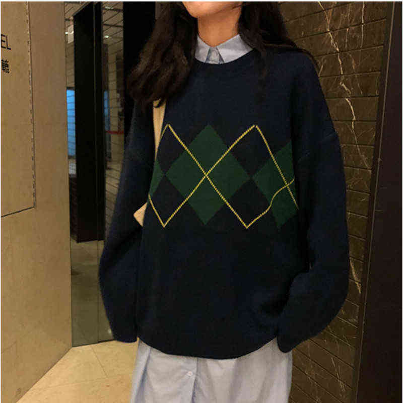 Women Argyle Knitted Sweater Autumn Winter O-Neck Oversized Pullovers Korean Preppy Style Loose Jumper Female Casual Sweaters 211218wtt