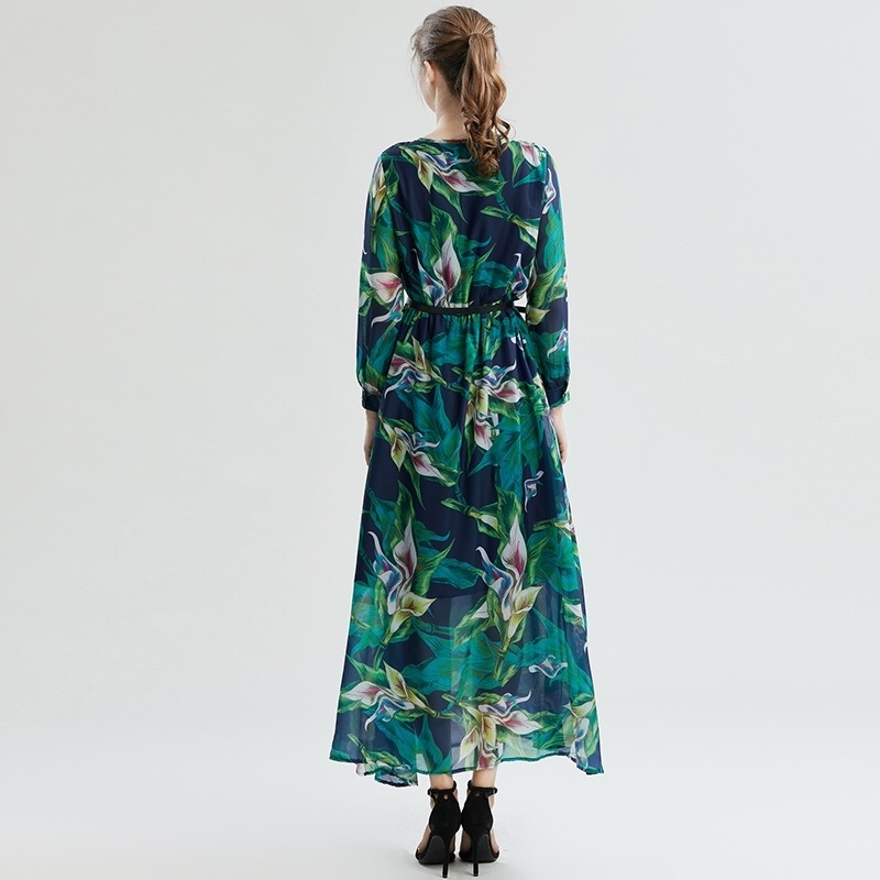 spring summer green flower leaf printed high waist chiffon v-neck maxi dress for women casual boho ropa femme robe hiver 210421