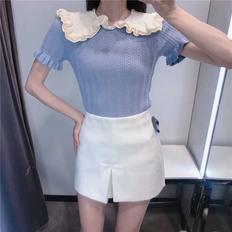 ZA Vintage Ruffle Knit Sweater Women Short Puff Sleeve Blue Spring Knitted Top Woman Fashion Streetwear Elastic Pullover 210602