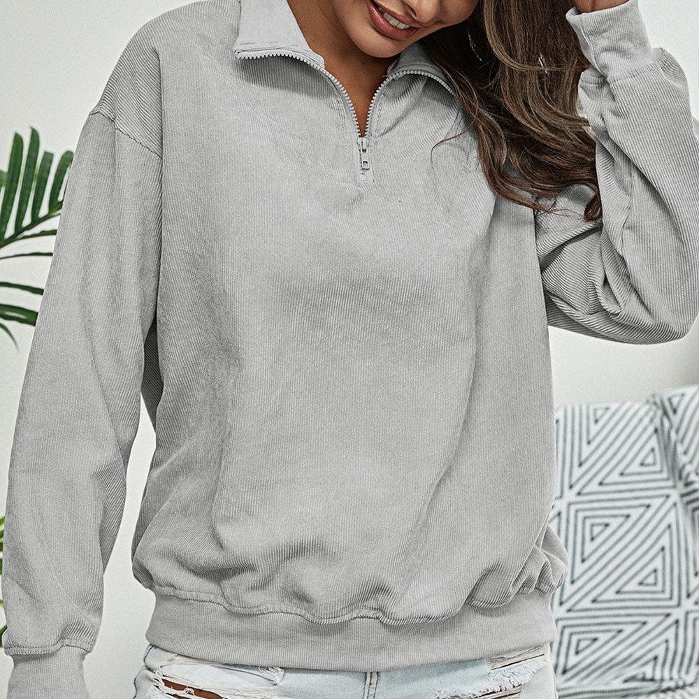 Vintage Corduroy Hoodies Stand Collar Zipper Sweatshirts Streetwear Loose Pullovers Women Autumn Oversized Tops 210428