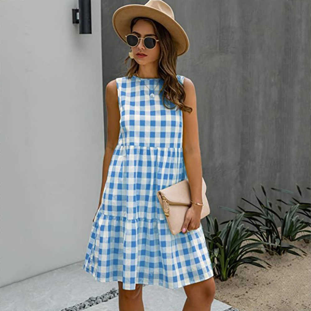 Dresses For Women Summer Casual Loose Plaid Print Ruffled Midi Sleeveless Vintage Ladies Vacation Sundress 210623