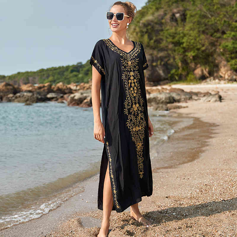 Oversize black Embroidery V-neck Short Sleeve Summer Beach Dress Plus Size Tunic Women Beachwear Batwing Sleeve Long Dress N790 210409