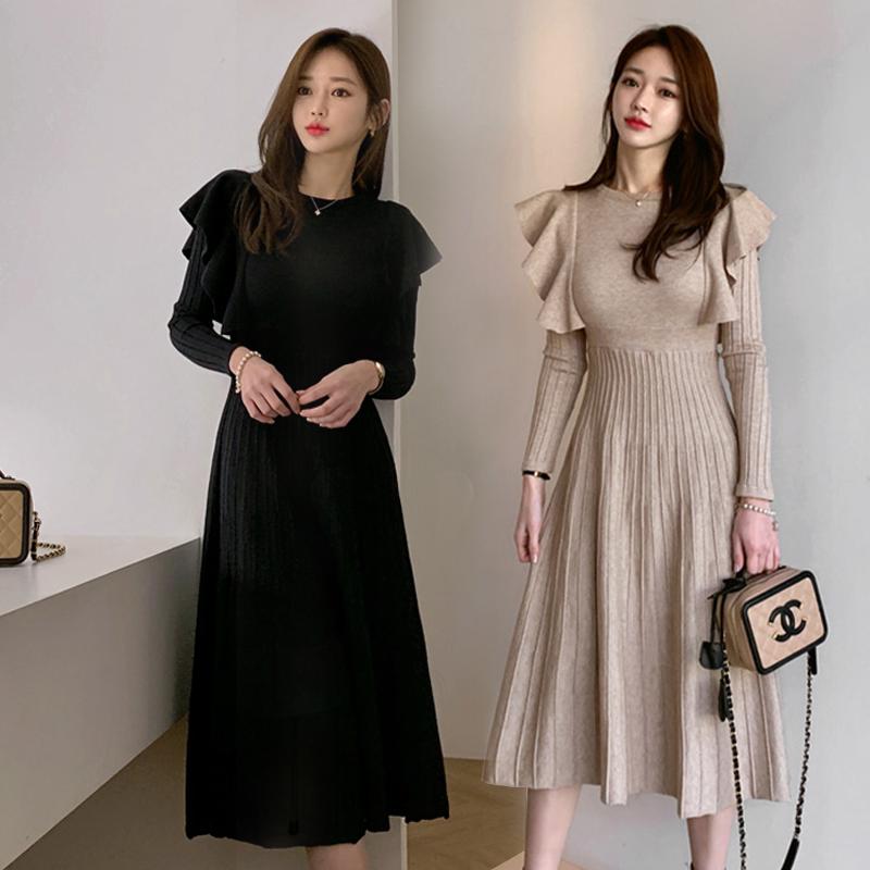 Casual Dresses Women Knitted Sweater Dress Autumn Winter Long Sleeve Elegant Ruffles Slim Waist Lace-up A-line Knit Female JK401