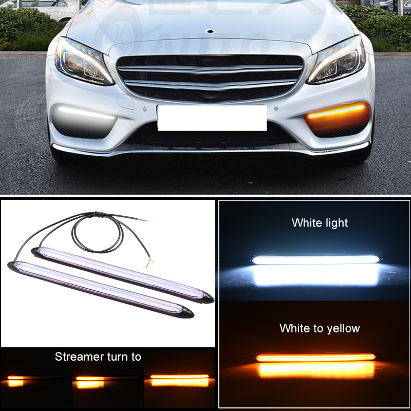 2pcs Car LED DRL Red Daytime Running Light Waterproof Flexible Strip Headlight Sequential Flow Turn Signal Yellow Lamp Universal