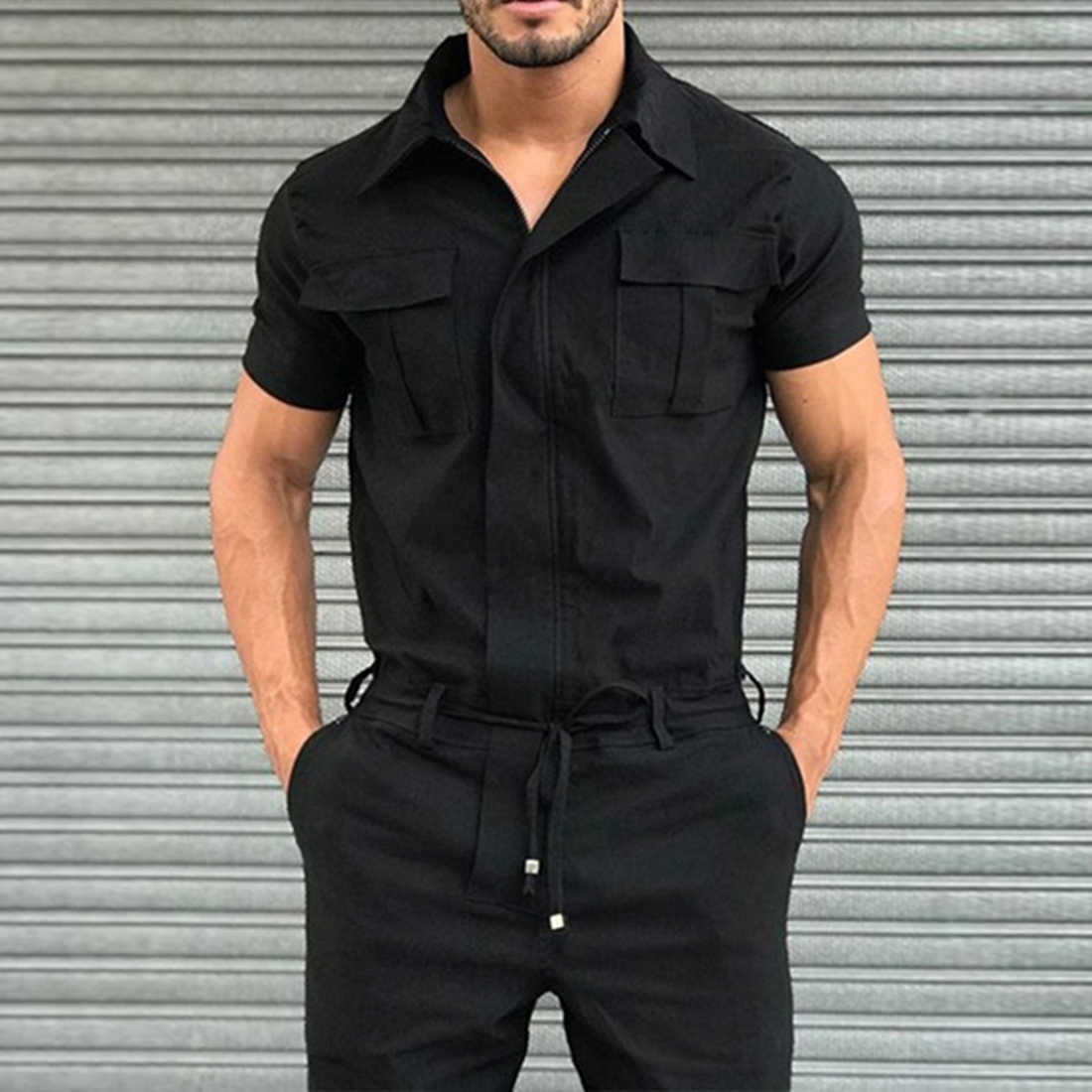 New Cotton Blends Jumpsuit Mens Overalls Casual Notched Short Sleeve Rompers Solid Color Overall Zipper Romper Pocket Trousers X0621