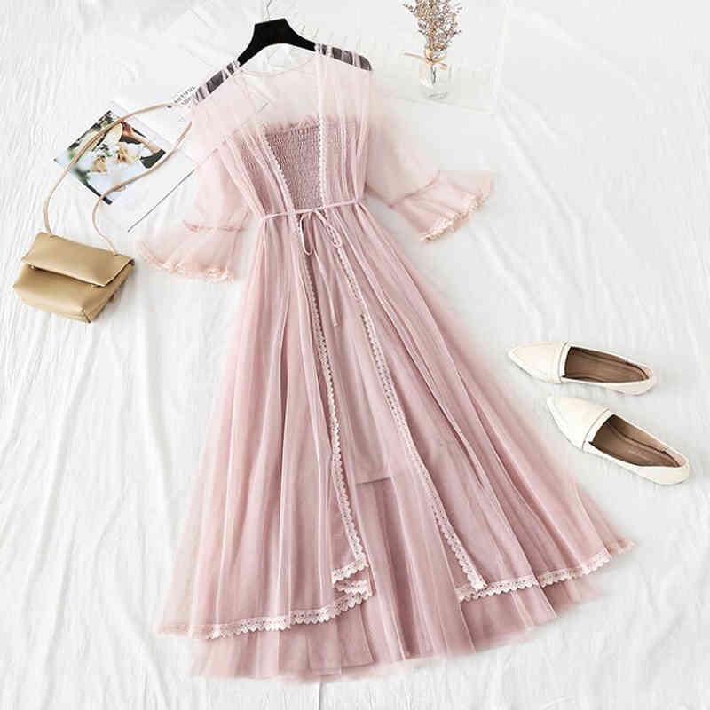 Women Suits Sweet Mesh Dress Flare Sleeve Sunscreen Cardigan + Pearl Sling Long Dress Female Princess Dress 2 Piece Set 210521