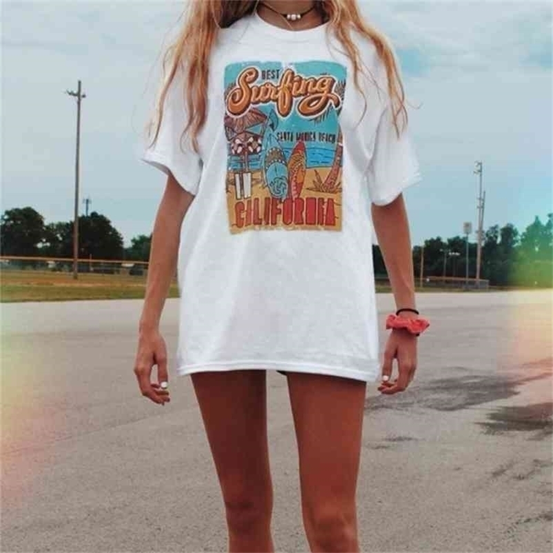 Vacation Beach T Shirt Summer White Tee The Best Surfing Women's Retro Style T Shirt Casual Oversized Tee 210406