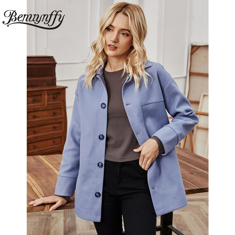 Turn-down Collar Single Breasted Solid Coat Women Autumn Winter Drop Long Sleeve Female Overcoat Loose Clothing 210510
