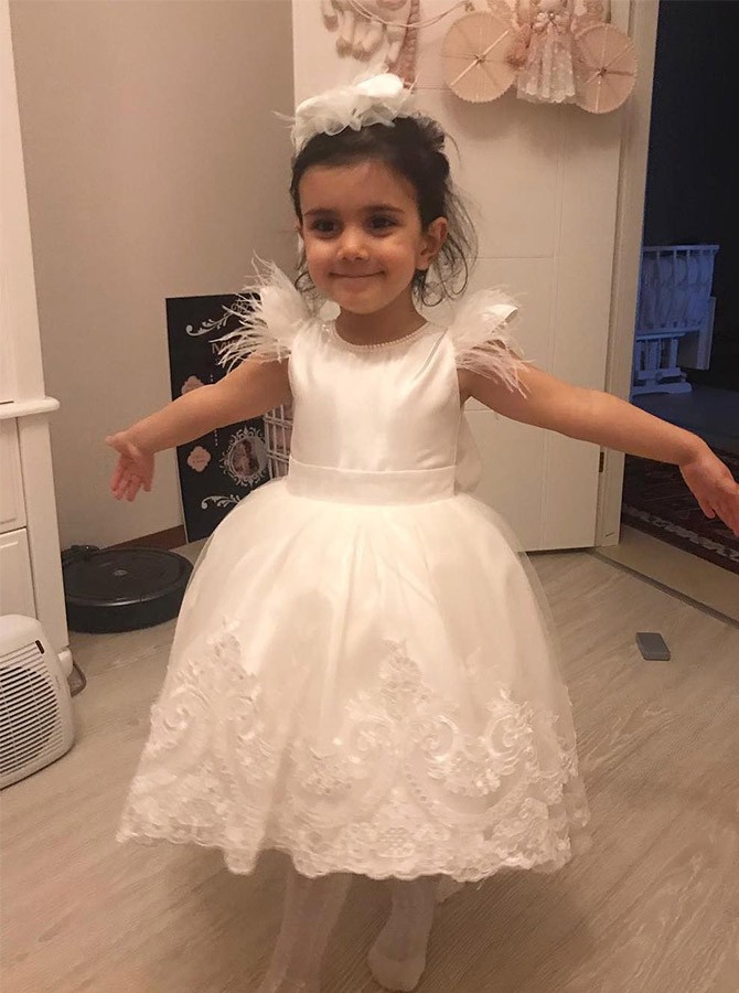 Cute White Flower Girls Dress Feather Jewel Neck Lace Appliques Children Birthday Party Dresses A Line Wedding Prom Formal Wear