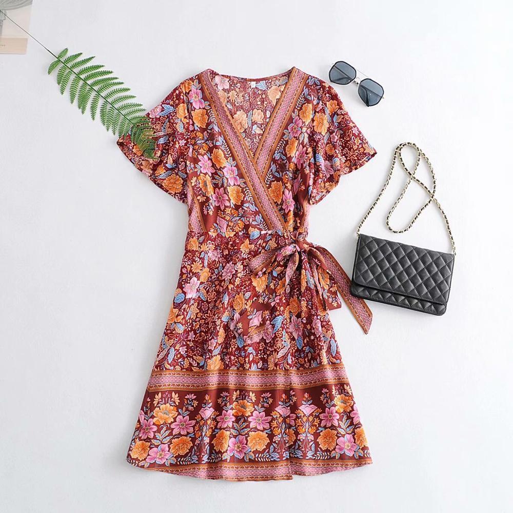 Bohemia Cotton Flower Print Short Sleeve BOHO Wrap Dress Holiday Beach Woman Bow Tie Waist Summer Dresses Vestido 210429