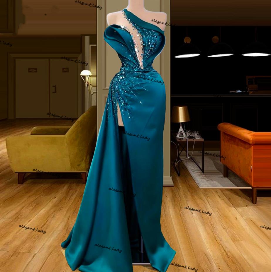 Split Slit Prom Dresses One Shoulder Beaded dubai arabic hunter Evening Gowns 2 Styles Long Party Night Dress Vestido De Fiesta