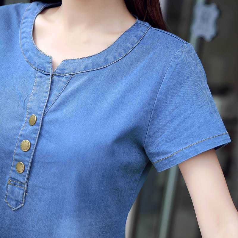 Korean Plus Size Denim Dress For Women Summer Dress Casual With Button Pocket Sexy Mini Jeans Dress 3xl 4XL BOodinerinle 210630