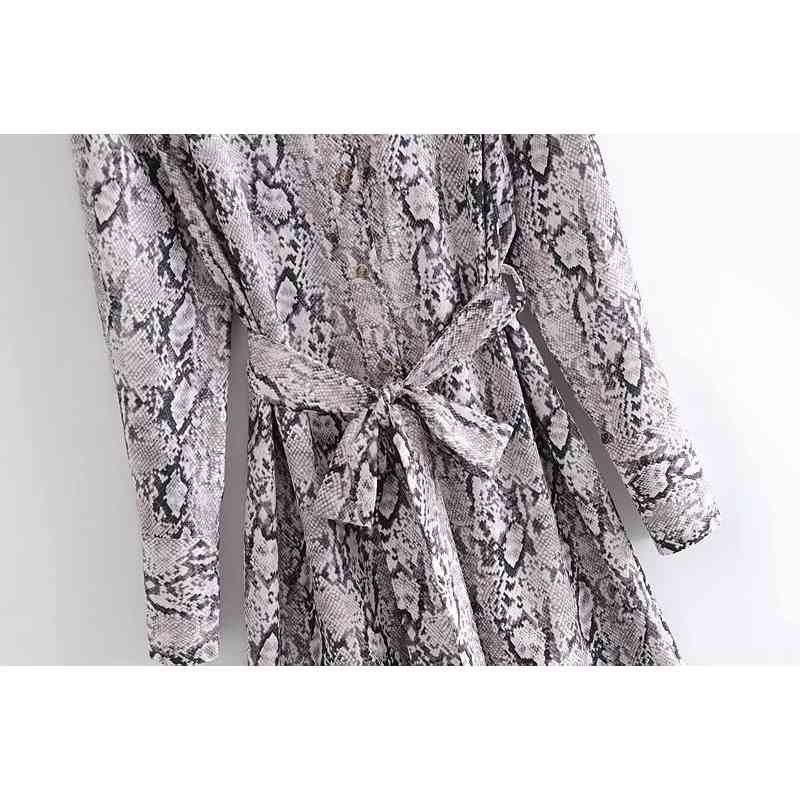 Snake Printed Lace Up Waist Shirt Dress Women's Spring Lapel Long Sleeve Single Breasted Maxi Dresses Trend 5A73 210427