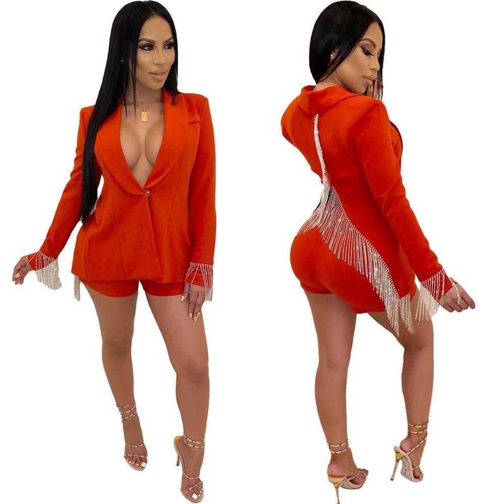 Women Set Sexy Tassel Deep V Neck Suit Jacket Coat And Shorts Two Piece Outfits 210707