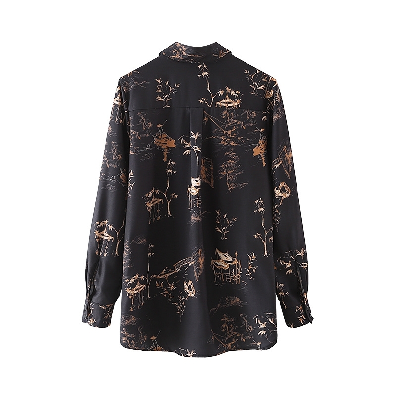 Vintage Women Black Print Shirts Fashion Ladies Turn Down Collar Tops Chinese Style Female Chic Pocket Blouses 210430