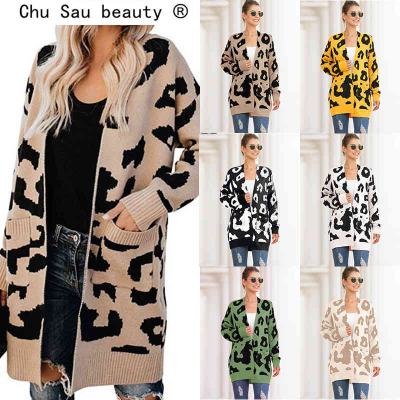 Chu Sau beauty Autumn Winter Casual Leopard Women Knitted Tops Chic V-neck Ladies Warm Long Cardigans Plus Size Sweaters 210508
