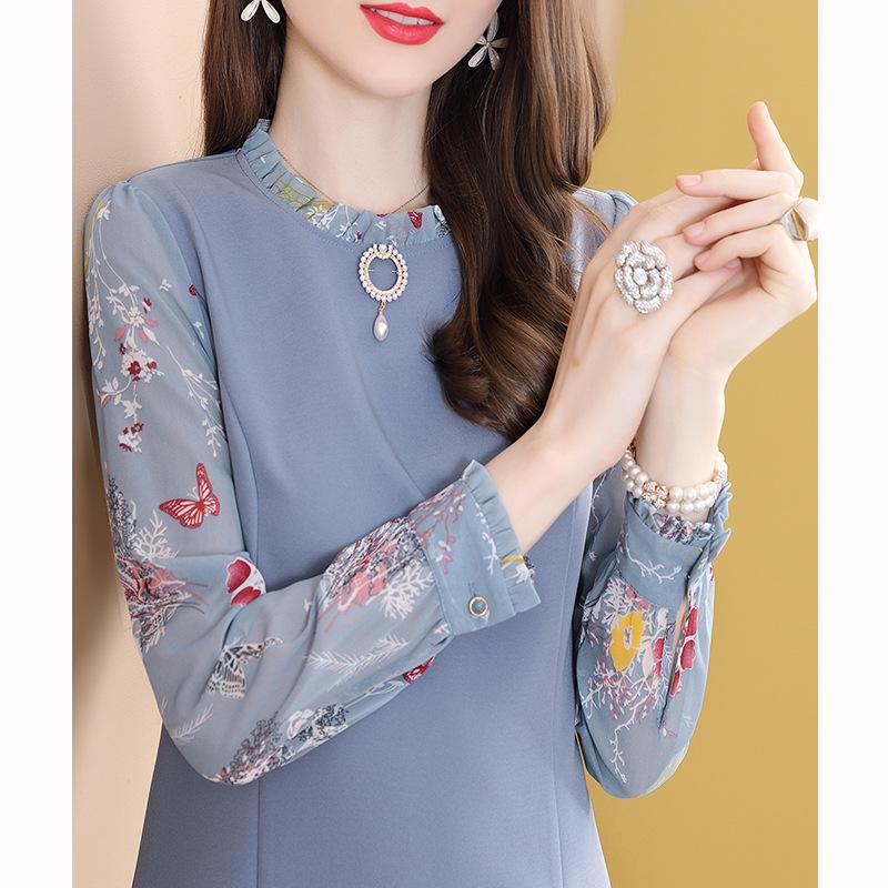 Casual Dresses Fashion Blue Print Dress Women 2021 Listing O-neck Long Sleeve Slim Temperament OL Office Lady Vestido