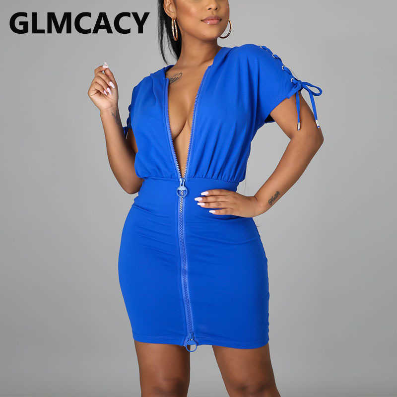 Women Back Lace Up Short Sleeve Bodycon Mini Dress 210702