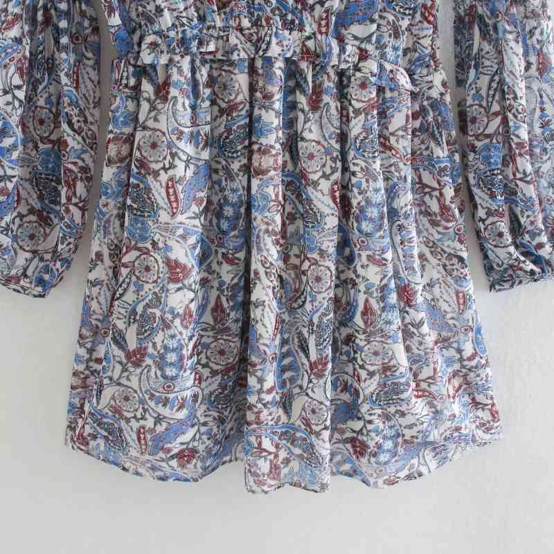 Women Paisley Printing V-Neck Ruffle Long Sleeve Mini Dress Casual Femme Loose Clothes Vestido D6606 210430Z