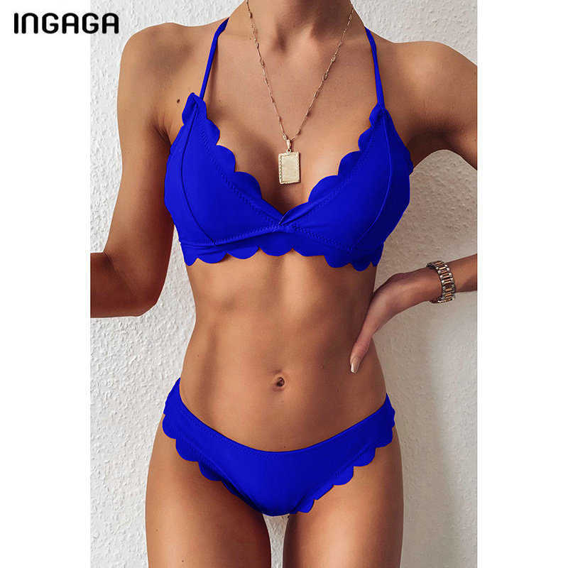 INGAGA Black Bikinis Push Up Swimsuits Swimwear Women String Halter Bathing Suit Lace Biquini Beachwear Bikini Set 210625