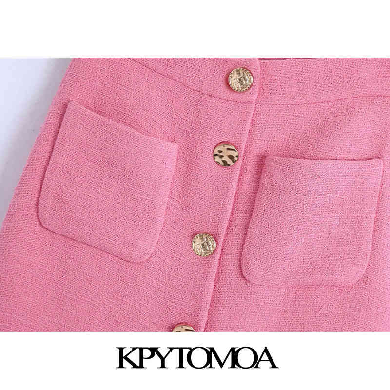 Women Chic Fashion With Buttons Front Slit Tweed Midi Skirt Vintage High Waist Back Zipper Female Skirts Mujer 210416