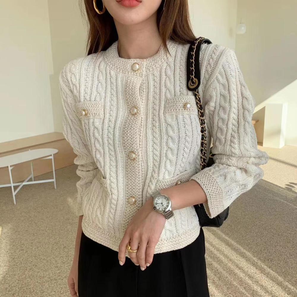 Knitted Sweaters Autumn Winter Knitwear Tops Women OL Long Sleeve Pearl Button Slim Twist Cardigan Sweater Coat 210421