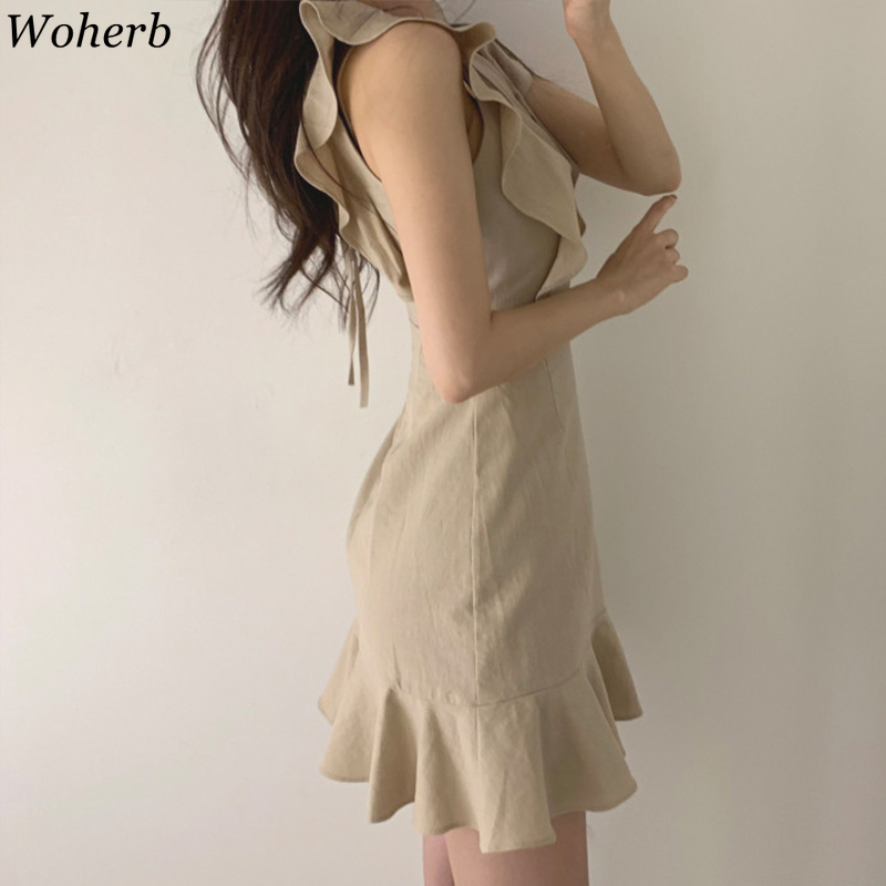 Elegant Mini Dress Women V Neck Sleeveless Robe Ruffle Flying Sleeve Bodycon Slim Vestidos Korean Ruffles Mermaid Dresses 210519