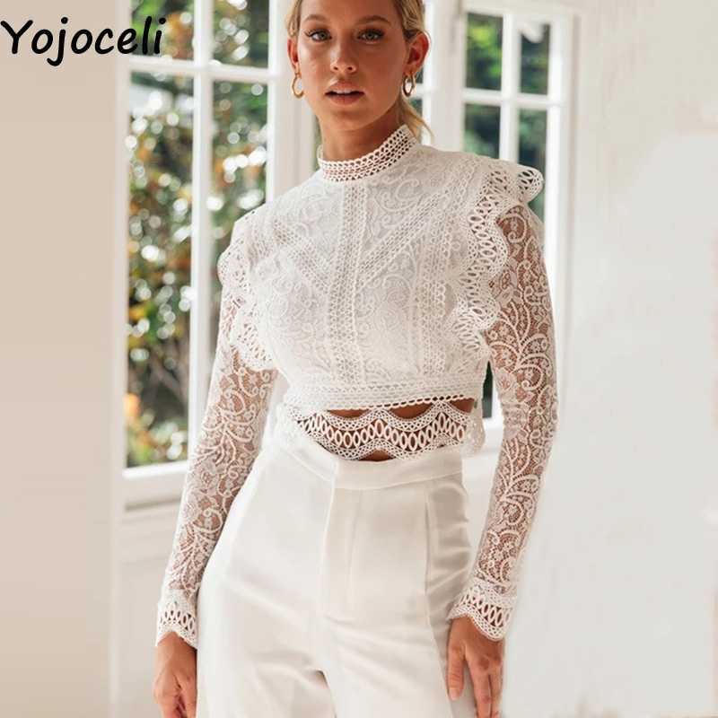 Yojoceli Sexy white lace ruffle blouse women Autumn short elegant casual party female Winter basic cool top blusas 210609
Yojoceli Sexy white lace ruffle blouse women Autumn short elegant casual party female Winter basic cool top blusas 210609