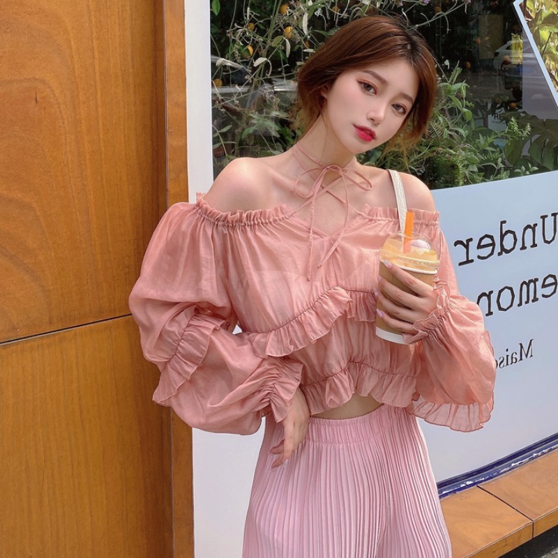 Blouse Chic Fashion Temperament Sweet White Puff Long Sleeve Lace Up Sunscreen Chiffon Shirt Sexy Halter Top Women Clothing 210429