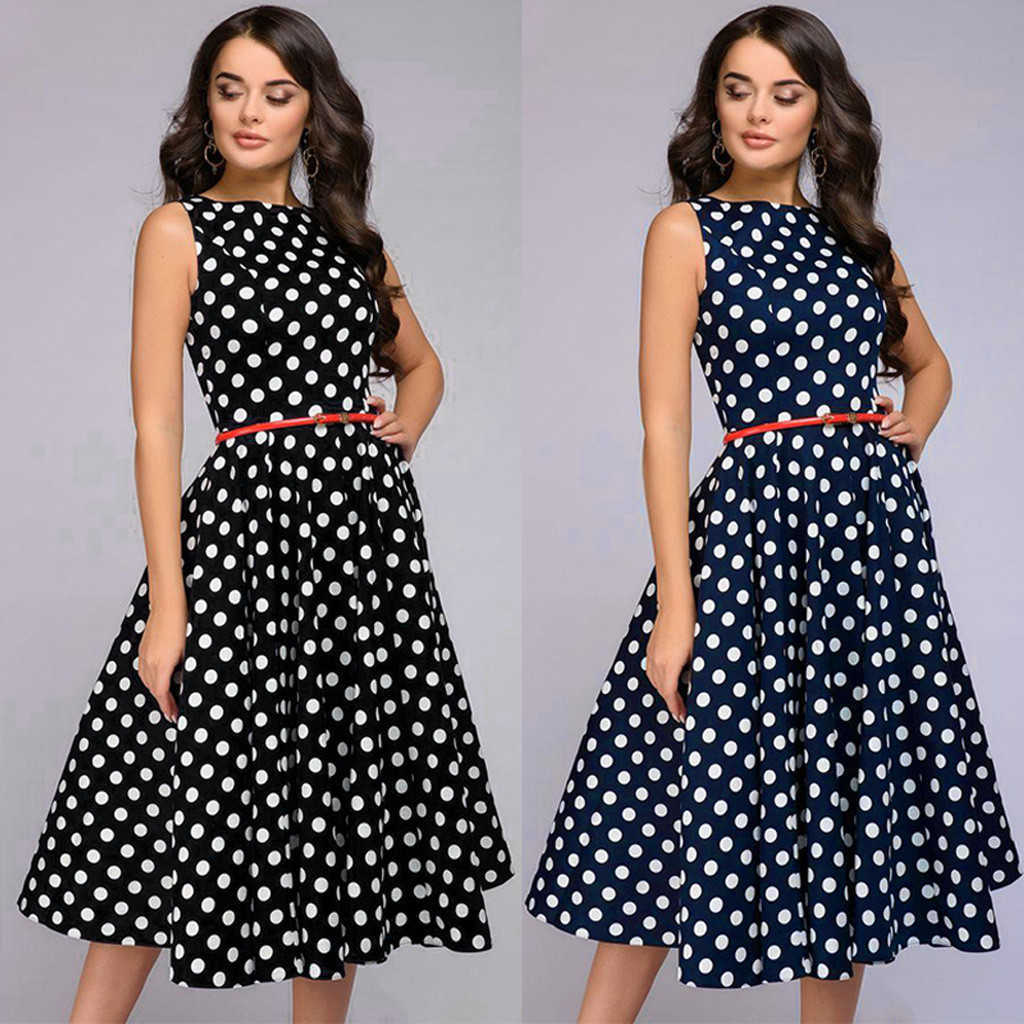 Fashion Women Elegant Dress Summer Dot Print Sleeveless Vintage Zip Flare Retro Knee Length Polka 210630