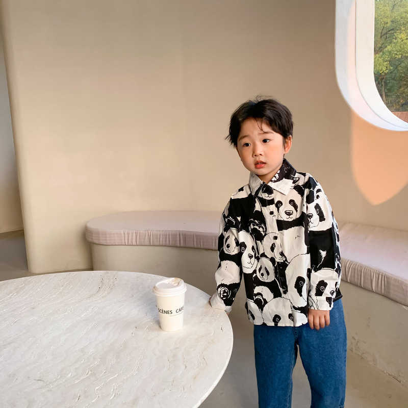 Spring fashion panda printing long sleeve shirts for boys girls casual Brother sister clothes Tops 210713