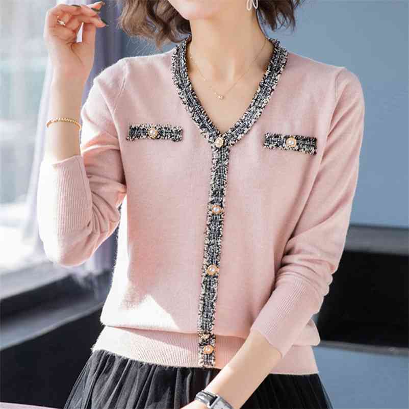 Beading Patchwork V-Neck Button Knitwear Tops For Women Slim Spring knitted Sweaters Base Shirt Elegant Long Sleeve Pullover 210522