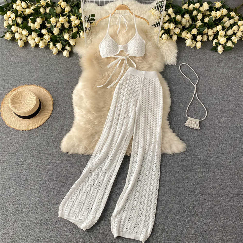Women Beach Two Pieces Sets Summer Sexy Bikini Bandage Tops Loose Casual Pants Suits Hollow Knitted Outfits Female Clothes 2021 Y0625