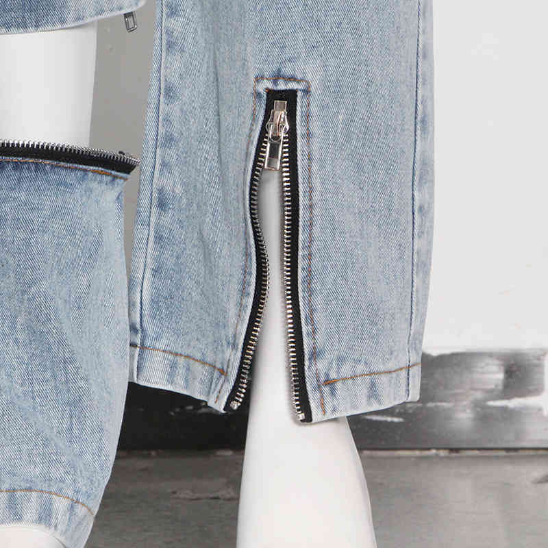 TWOTWINSTYLE Casual Patchwork Zipper Jeans For Women High Waist Hollow Out Streetwear Denim Pants Female Fashion Clothing 210517