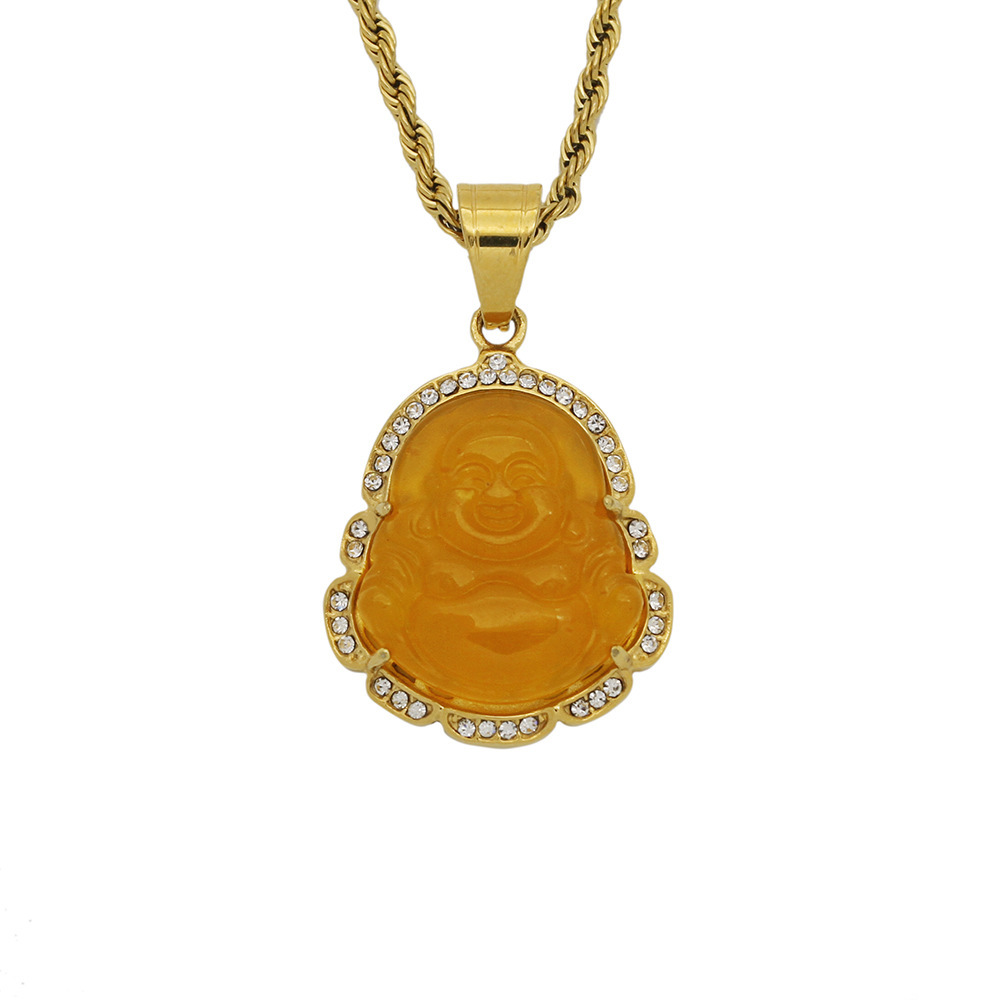 Green Jade Jewelry Laughing Buddha Pendant Chain Necklace For Women Stainless Steel 18k Gold Plated Amulet Accessories Mothers Day Gift
