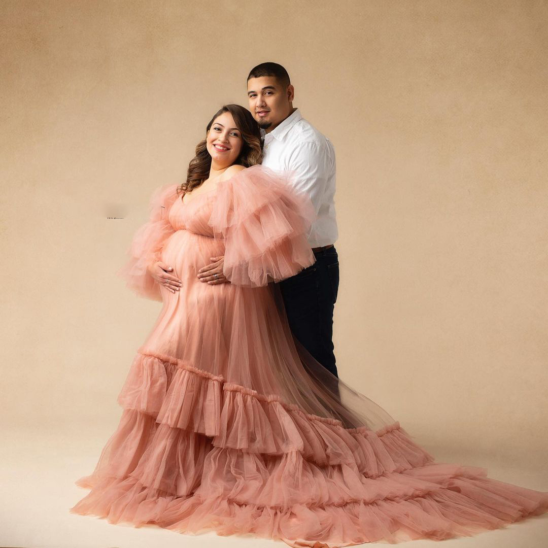 2021 Ruffle Pink Kimono Women Dresses Robe for Photoshoot Extra Puffy Sleeves V Neck Prom Gowns African Cape Cloak Maternity Dress Photography