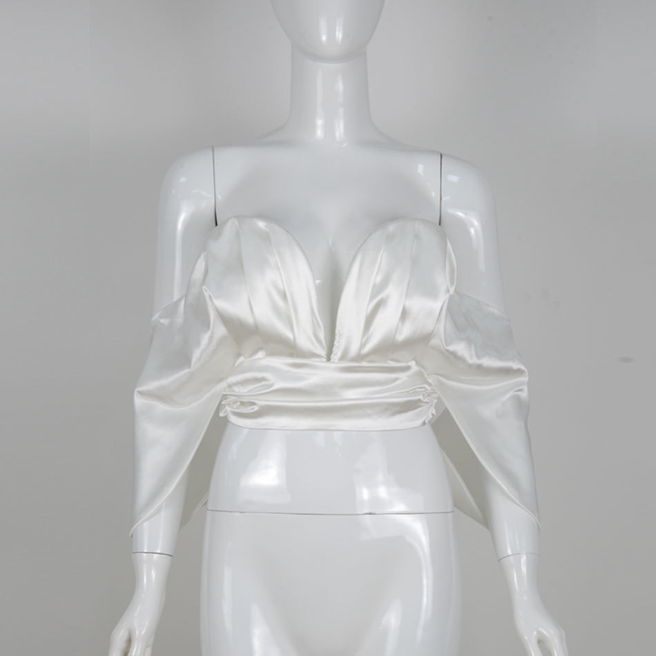 Free Women's Satin Shirt White Sexy Strapless V-neck Card Shoulder Open Back Lace-Up Top Club Party 210524