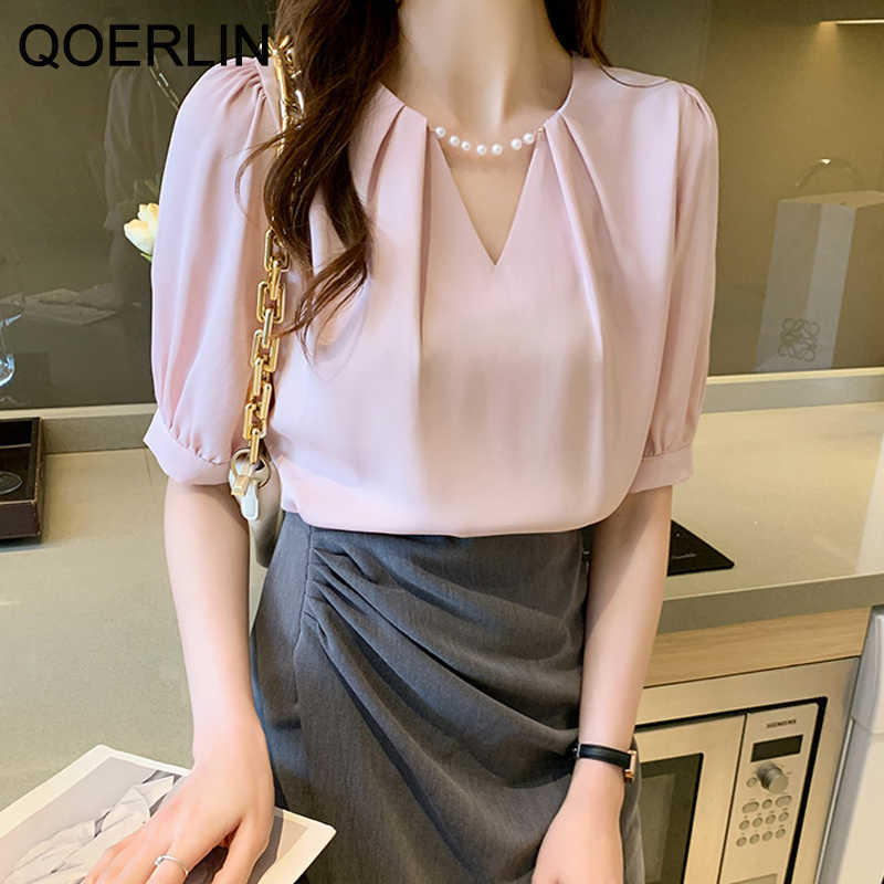 White Beading Pearl Blouse Women Summer Elegant OL Office Formal Solid V-Neck Short Sleeve Shirts Korean Tops Plus Size 210601