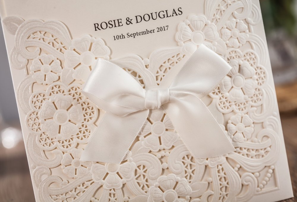 2021 Wishmade Laser Cut Wedding Invitations Kit with RSVP Cards and Thank You Card Bowknot Pearl Hollow Floral Customizable