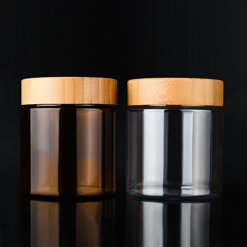50ml 150ml 250ml 500ml Body Butter Cream Container Packaging Bottles Amber PET Cosmetic 5Oz 8Oz Plastic Jar With Screw Cap Bamboo Wooden Lid