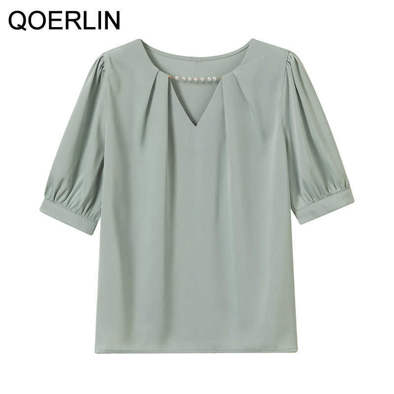 White Beading Pearl Blouse Women Summer Elegant OL Office Formal Solid V-Neck Short Sleeve Shirts Korean Tops Plus Size 210601