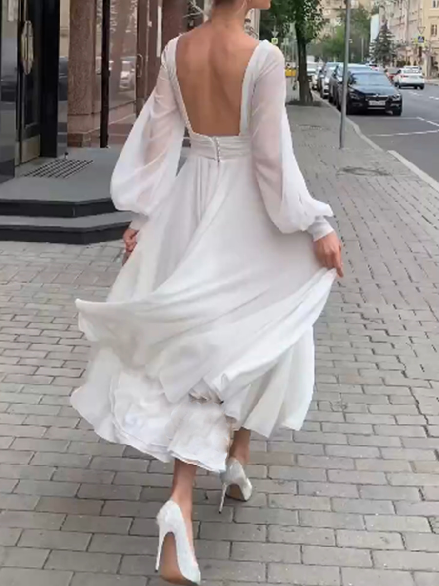 Women Dress Temperament Party es V Neck Backless Lantern Sleeve Maxi High Waist Large Hem Plus Size es 210524
