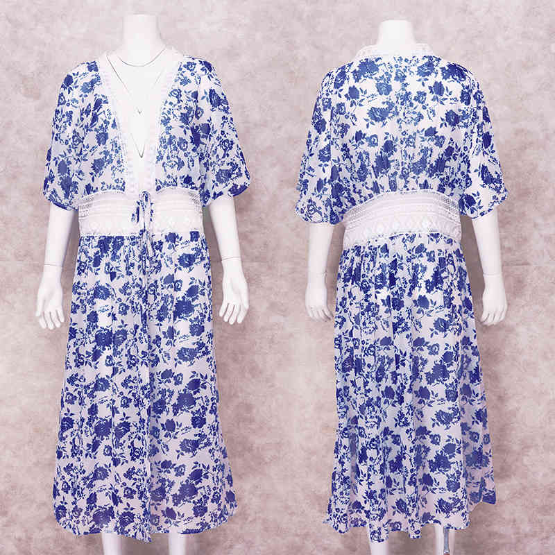 Boho Printed Bikini Cover-ups Plus Size Beach Wear Elegant Self Belted Kimono Dress Women Summer Swimsuit Cover Up A798 210420
