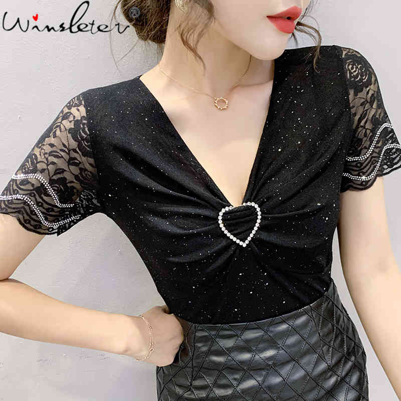 Women's T-Shirt Summer European Clothes Mesh Chic Sexy V-Neck Women Tops Short Sleeve Shiny Diamonds Love All Match Tees T15202A B, Black tshirt
Women's T-Shirt Summer European Clothes Mesh Chic Sexy V-Neck Women Tops Short Sleeve Shiny Diamonds Love All Match Tees T15202A B, Black tshirt