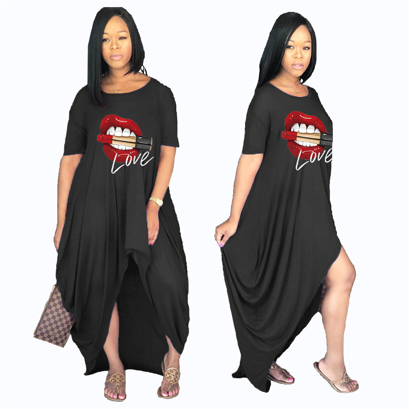 Dress Women Plus Size Summer Crewneck Short Sleeve Tshirt Dress Streetwear Irregular Casual Long Dress Wholesale Dropshipping 210409